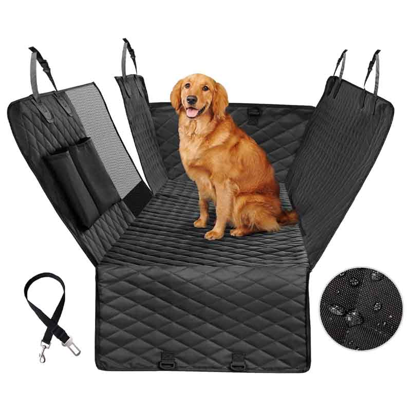 labrador sitting on black car seat cover