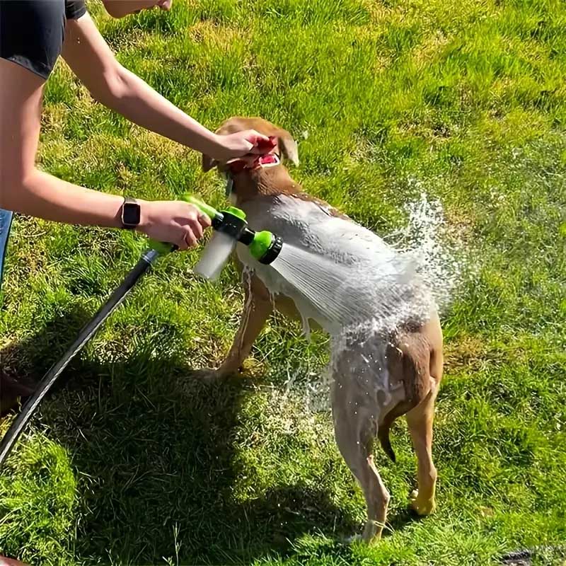washing dog with high-pressure water sprayer outside