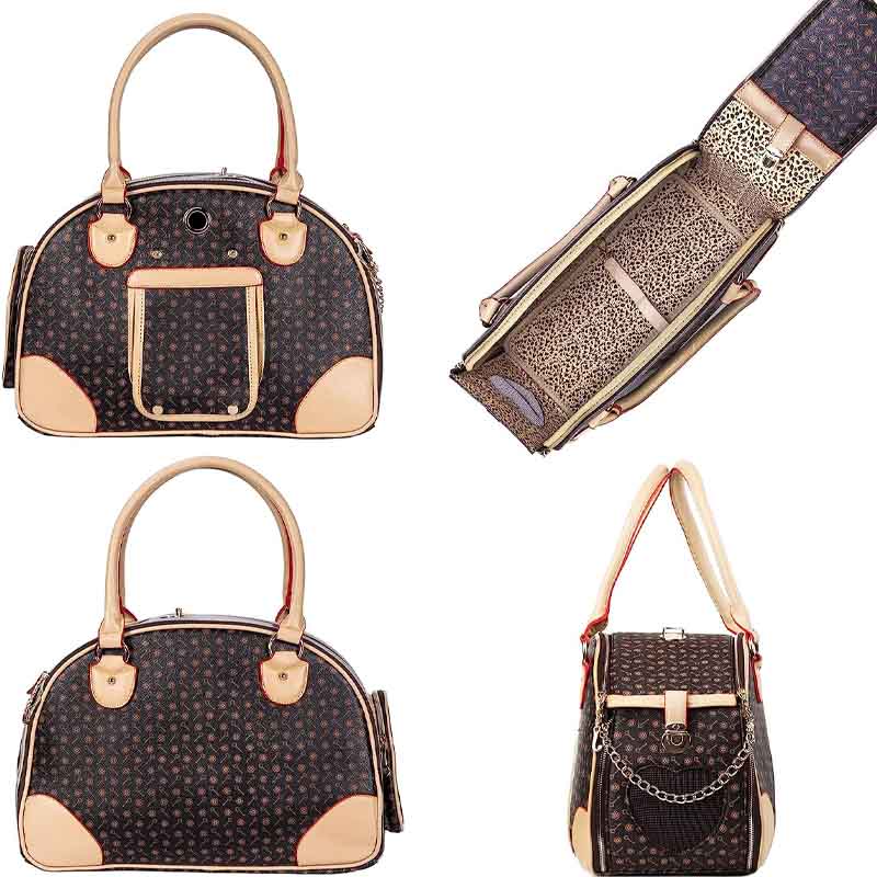 luxury brown purse for small dogs from different angles