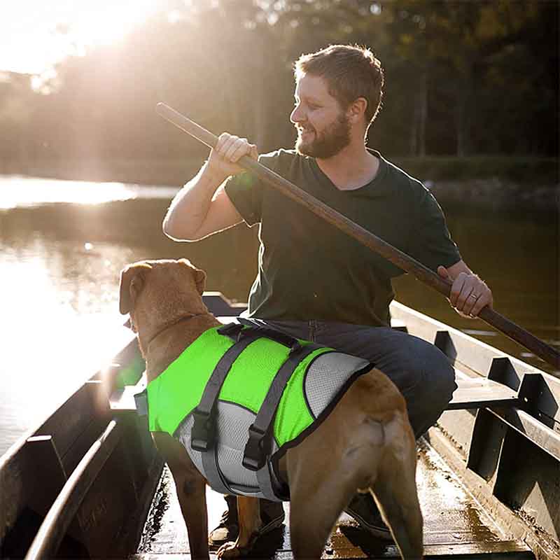 dog wearing a life jacket on a boat with his owner