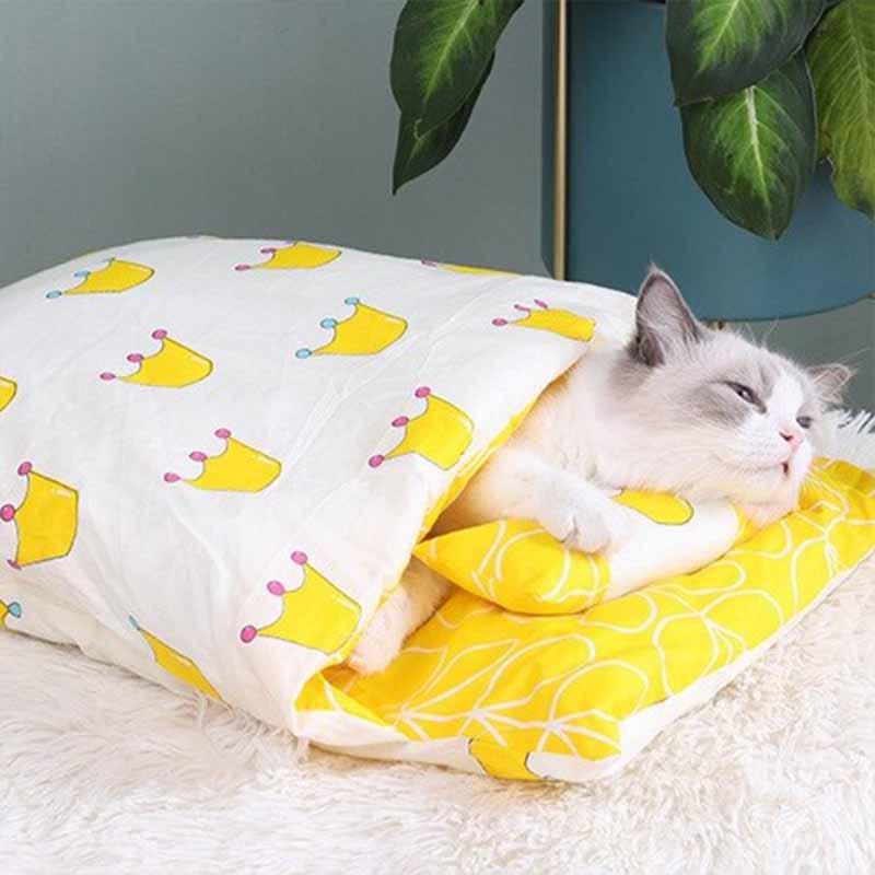 cat in a yellow sleeping bag